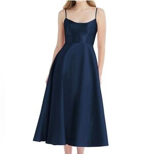 NWT ALFRED SUNG Spaghetti Straps Satin Midi Cocktail Dress Midnight